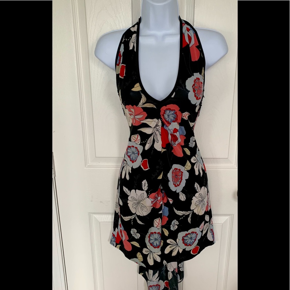 Preowned Floral Exotic Dancewear Halter Dress w/Bead Deail